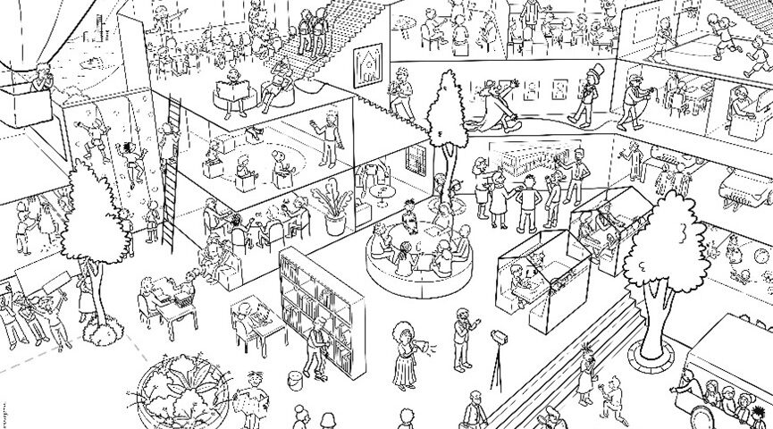 A black and white cartoon drawing of an intersection of a building filled with activity including classes and meetings