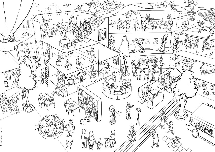 A black and white cartoon drawing of an intersection of a building filled with activity including classes and meetings